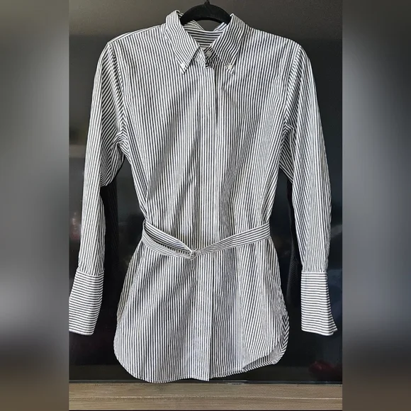 Banana Republic Cotton Poplin Belted Tunic Shirt Navy Stripe-Medium - Picture 2 of 9